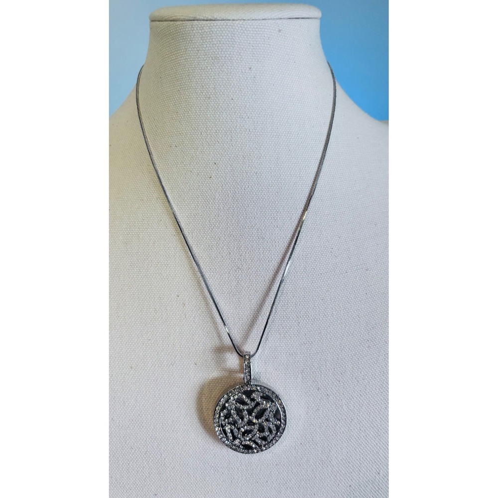 Silver Tone‎ Rhinestone Filigree Circle Pendant Necklace Snake Chain Adjustable
